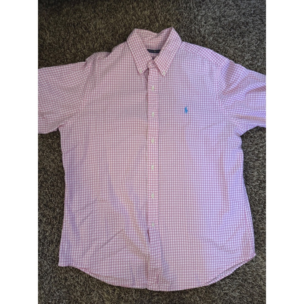 Ralph Lauren Mens Pink Gingham Waffle Crinkle Short Sleeve Button Down Shirt L